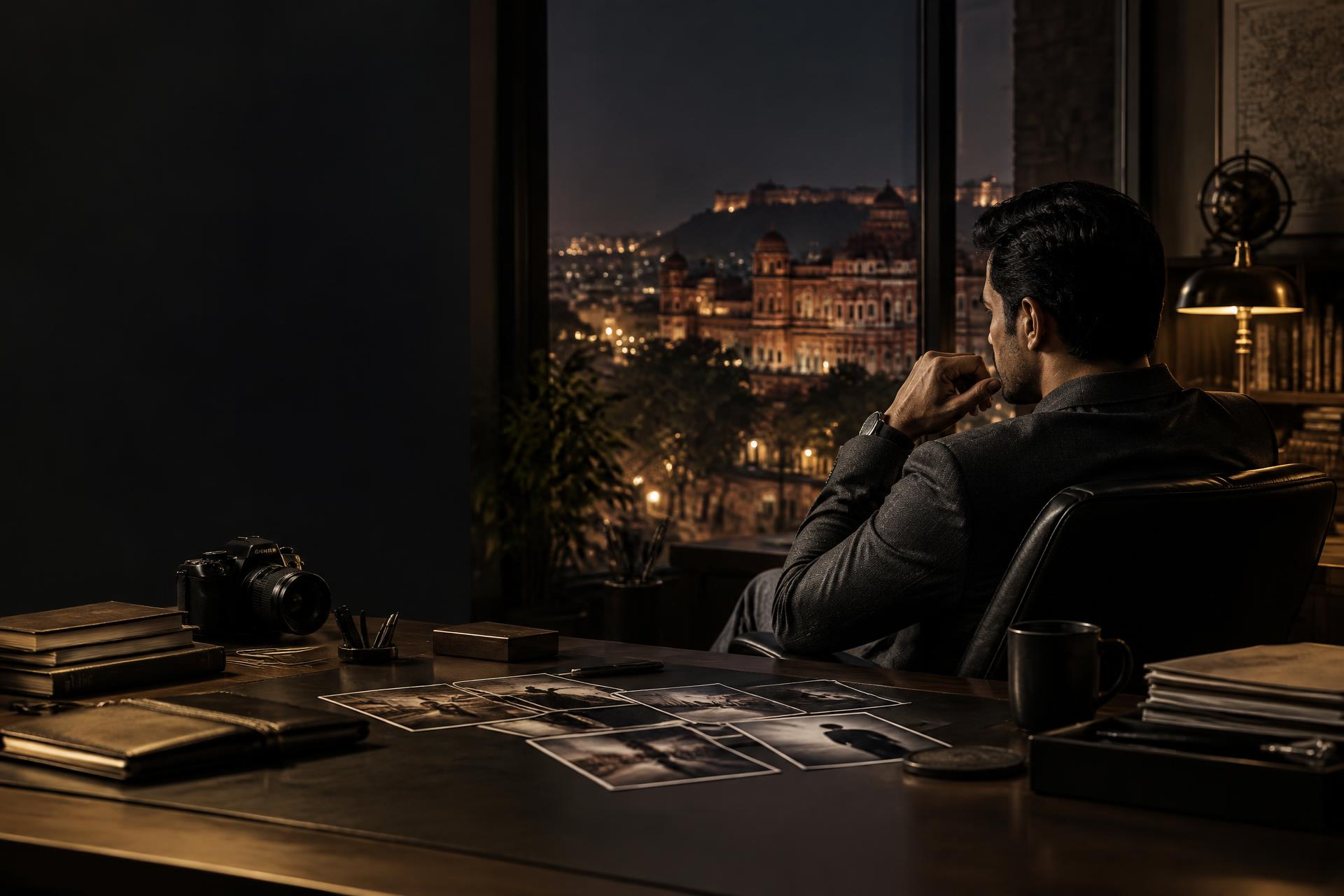Professional Indian investigator in a Jaipur office at night