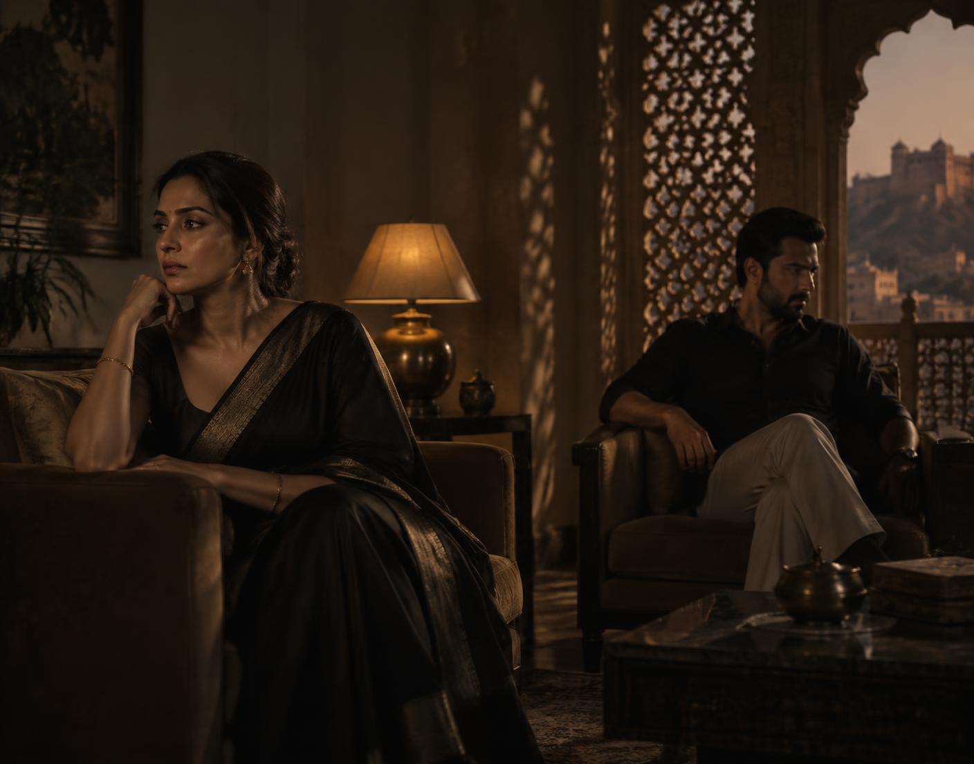 Indian couple in a refined Jaipur home during a private consultation